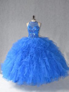 Ball Gowns Quinceanera Dress Royal Blue Halter Top Tulle Sleeveless Floor Length Lace Up