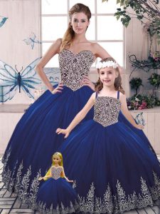 Excellent Royal Blue Lace Up Scoop Beading and Appliques 15 Quinceanera Dress Tulle Sleeveless
