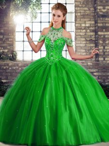 Affordable Green Lace Up Halter Top Beading Quinceanera Gowns Tulle Sleeveless Brush Train