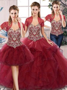 Most Popular Beading and Ruffles Quinceanera Dresses Burgundy Lace Up Sleeveless Floor Length