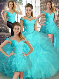 Lovely Off The Shoulder Sleeveless 15th Birthday Dress Floor Length Beading and Ruffles Aqua Blue Organza