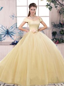 Sophisticated Tulle Off The Shoulder Short Sleeves Lace Up Lace and Hand Made Flower Sweet 16 Quinceanera Dress in Champagne