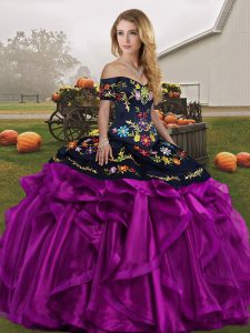 Off The Shoulder Sleeveless Organza 15th Birthday Dress Embroidery and Ruffles Lace Up