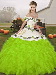 On Sale Yellow Green Sleeveless Floor Length Embroidery and Ruffles Lace Up Vestidos de Quinceanera