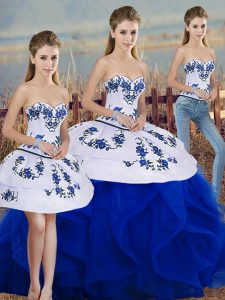 Floor Length Royal Blue Quinceanera Gown Tulle Sleeveless Embroidery and Ruffles and Bowknot