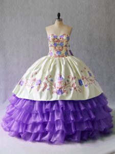 Floor Length Lace Up 15th Birthday Dress Lavender for Sweet 16 and Quinceanera with Embroidery and Ruffled Layers
