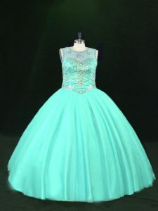 Floor Length Lace Up Sweet 16 Quinceanera Dress Turquoise for Sweet 16 and Quinceanera with Beading