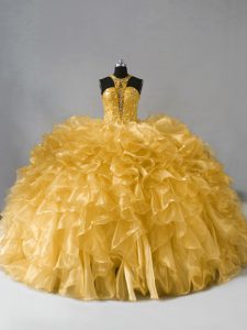 Floor Length Zipper Sweet 16 Dresses Gold for Sweet 16 and Quinceanera with Beading and Ruffles