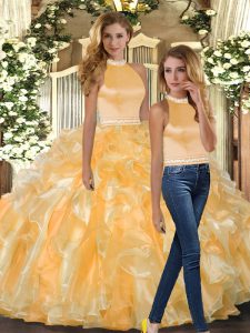 Sleeveless Organza Floor Length Backless Quinceanera Gowns in Gold with Beading and Ruffles