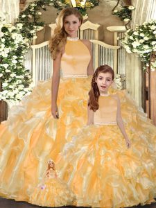 Floor Length Gold Ball Gown Prom Dress Halter Top Sleeveless Backless