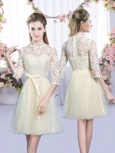 Chic Champagne Empire Bowknot Dama Dress for Quinceanera Lace Up Tulle Half Sleeves Mini Length