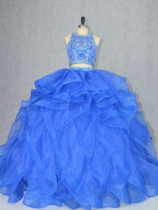 Halter Top Sleeveless Court Train Backless Quinceanera Gown Blue Organza