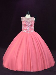 Sleeveless Floor Length Beading Lace Up Sweet 16 Dresses with Pink