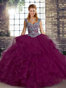 Exquisite Tulle Straps Sleeveless Lace Up Beading and Ruffles Sweet 16 Dress in Fuchsia