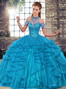 Cheap Blue Ball Gowns Halter Top Sleeveless Tulle Floor Length Lace Up Beading and Ruffles Sweet 16 Dresses