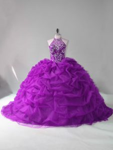 Clearance Purple Ball Gowns Organza Halter Top Sleeveless Beading and Pick Ups Lace Up 15 Quinceanera Dress Court Train