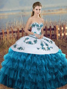 Floor Length Lace Up Sweet 16 Dress Blue And White for Military Ball and Sweet 16 and Quinceanera with Embroidery and Ruffled Layers and Bowknot