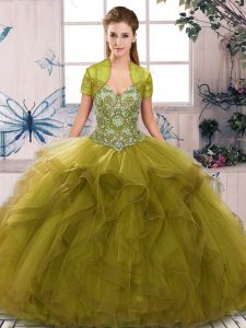 Dynamic Olive Green Ball Gowns Beading and Ruffles 15 Quinceanera Dress Lace Up Tulle Sleeveless Floor Length