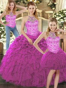 Fuchsia Sleeveless Floor Length Beading and Ruffles Lace Up 15 Quinceanera Dress