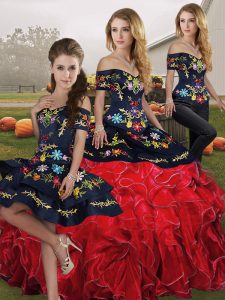 Elegant Red And Black Quince Ball Gowns Military Ball and Sweet 16 and Quinceanera with Embroidery and Ruffles Off The Shoulder Sleeveless Lace Up