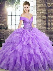 Elegant Lavender Lace Up Off The Shoulder Beading and Ruffles Sweet 16 Quinceanera Dress Organza Sleeveless Brush Train