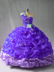 Best Selling Purple Organza Lace Up 15 Quinceanera Dress Sleeveless Floor Length Pick Ups and Hand Made Flower