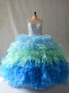 Comfortable Organza Sweetheart Sleeveless Lace Up Beading and Ruffles Quince Ball Gowns in Multi-color