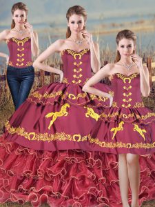 Elegant Floor Length Burgundy Ball Gown Prom Dress Organza Brush Train Sleeveless Embroidery and Ruffles