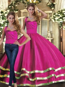 Dazzling Halter Top Sleeveless Lace Up Quince Ball Gowns Fuchsia Tulle