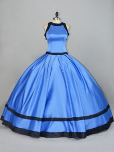 Blue Ball Gowns Satin Scoop Sleeveless Ruching Floor Length Lace Up Ball Gown Prom Dress