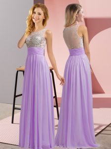Extravagant Lavender Empire Beading Court Dresses for Sweet 16 Side Zipper Chiffon Sleeveless Floor Length