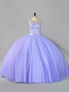 Graceful Lavender Tulle Zipper Scoop Sleeveless Floor Length Sweet 16 Quinceanera Dress Sequins