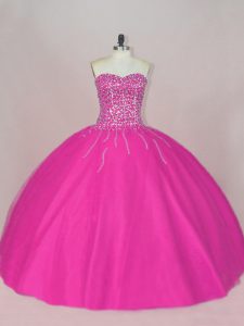Fuchsia Tulle Lace Up Sweetheart Sleeveless Asymmetrical Quince Ball Gowns Beading