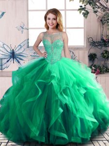Sleeveless Tulle Floor Length Lace Up Ball Gown Prom Dress in Green with Beading and Ruffles