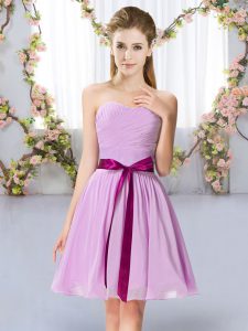 Simple Lavender Chiffon Lace Up Damas Dress Sleeveless Mini Length Belt