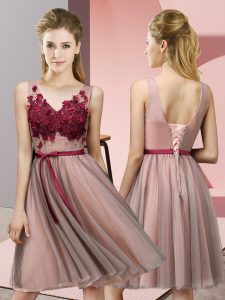 Best Selling Sleeveless Tulle Knee Length Lace Up Dama Dress for Quinceanera in Baby Pink with Appliques