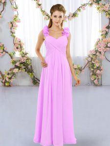 Lilac Empire Straps Sleeveless Chiffon Floor Length Lace Up Hand Made Flower Quinceanera Court of Honor Dress