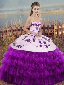 Delicate Floor Length White And Purple 15th Birthday Dress Organza Sleeveless Embroidery and Ruffled Layers and Bowknot