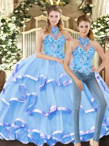 Customized Floor Length Lace Up 15 Quinceanera Dress Blue for Military Ball and Sweet 16 and Quinceanera with Embroidery and Ruffled Layers