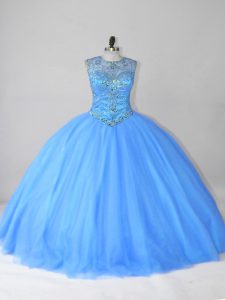 Popular Scoop Sleeveless Quinceanera Dress Floor Length Beading Blue Tulle