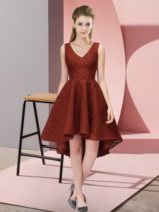 Glamorous A-line Dama Dress Rust Red V-neck Lace Sleeveless High Low Zipper