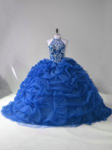 Blue Lace Up Halter Top Beading and Pick Ups Sweet 16 Dresses Organza Sleeveless Court Train