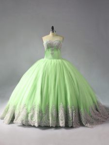 Pretty Tulle Sweetheart Sleeveless Court Train Lace Up Beading and Appliques Quinceanera Gown in Yellow Green
