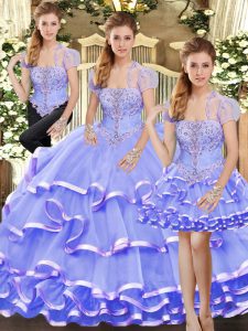 Simple Lavender Sleeveless Organza Lace Up 15th Birthday Dress for Military Ball and Sweet 16 and Quinceanera