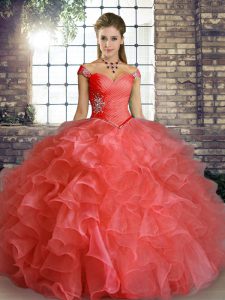 Fabulous Watermelon Red Organza Lace Up Off The Shoulder Sleeveless Floor Length Quinceanera Gown Beading and Ruffles