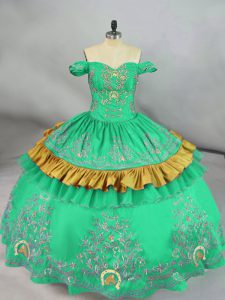 Designer Off The Shoulder Sleeveless Zipper Sweet 16 Dresses Turquoise Satin