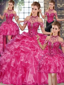 Fashion Floor Length Ball Gowns Sleeveless Fuchsia Quinceanera Dress Lace Up