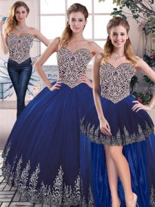 Top Selling Floor Length Three Pieces Sleeveless Royal Blue Sweet 16 Dresses Lace Up