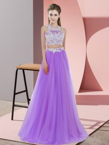 Customized Lavender Tulle Zipper Halter Top Sleeveless Floor Length Quinceanera Court Dresses Lace