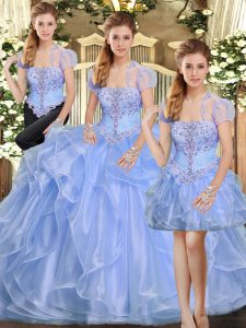 Most Popular Organza Strapless Sleeveless Lace Up Beading and Ruffles Ball Gown Prom Dress in Lavender